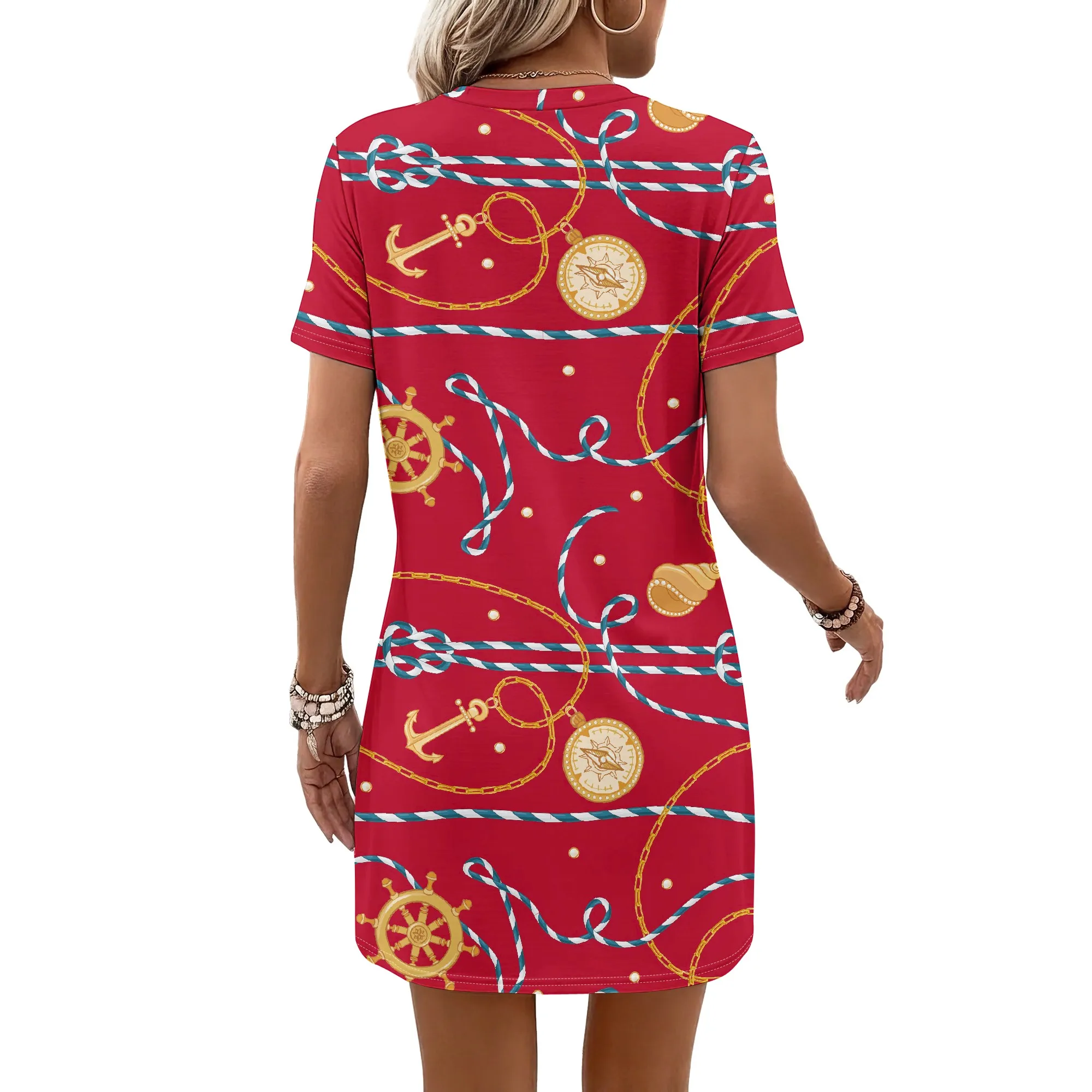 T-Shirt-Kleid mit nautischem Aufdruck, Anker- und Seilmuster, Schiffsrad-Design, lässige Sommerkleidung für Damen, S-2XL – Detail 3