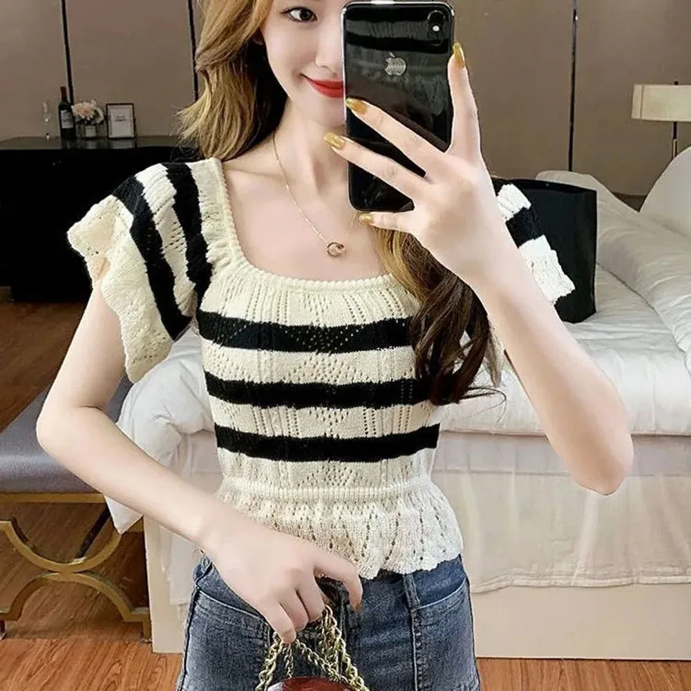 

Summer New Female Tops Clothes Sweet Spicy Girl Square Neck Black White Stripe Off Shoulder T Shirt Ladies Elegant Knitted Tees