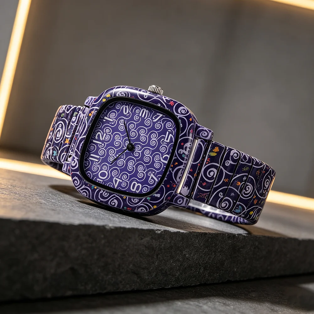 Women's floral printed square quartz watch Elastic adjustable strap retro floral wristwatch Gift for girlfriend