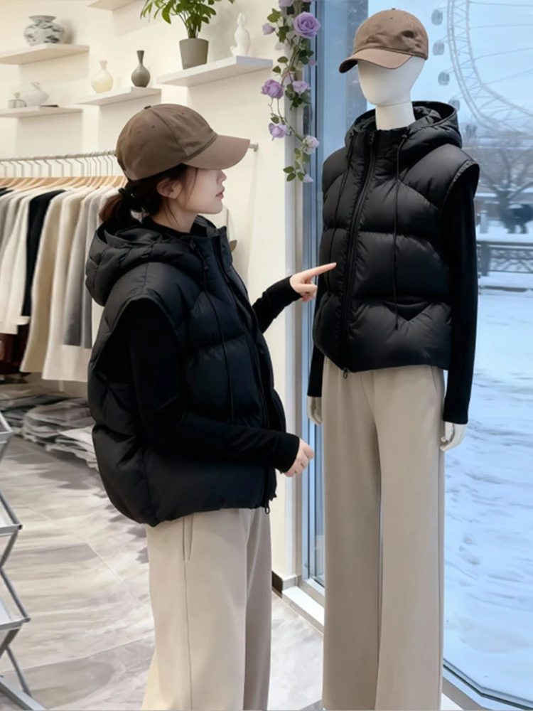 

Легкий пушистый пуховый хлопковый жилет с капюшоном, женский осенне-зимний новый жилет небольшого размера для похудения, теплый жилет с подплечниками