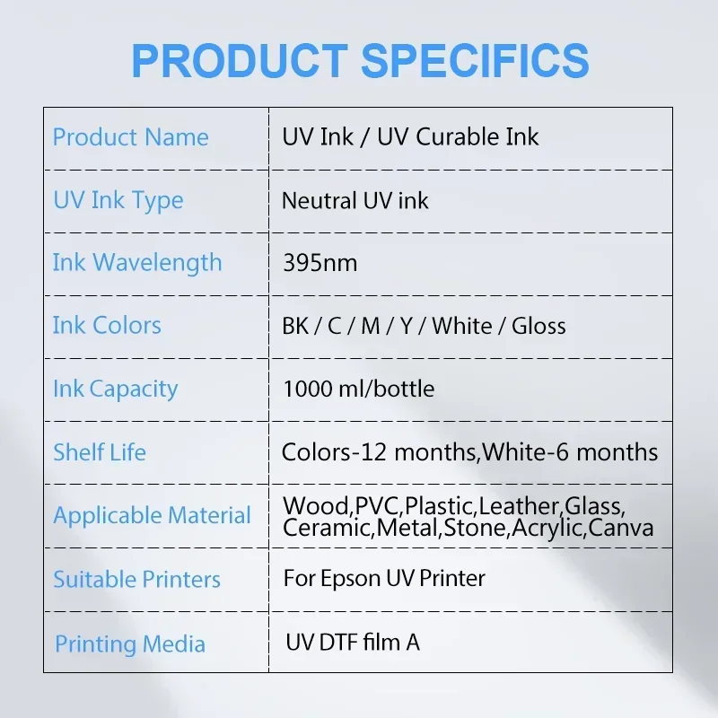 1000ML/Bottle UV DTF inchiostro e vernice per UV DTF Film A B per stampante Epson XP600 TX800 1390 L800 L1800 L805 kit di ricarica per inchiostro UV