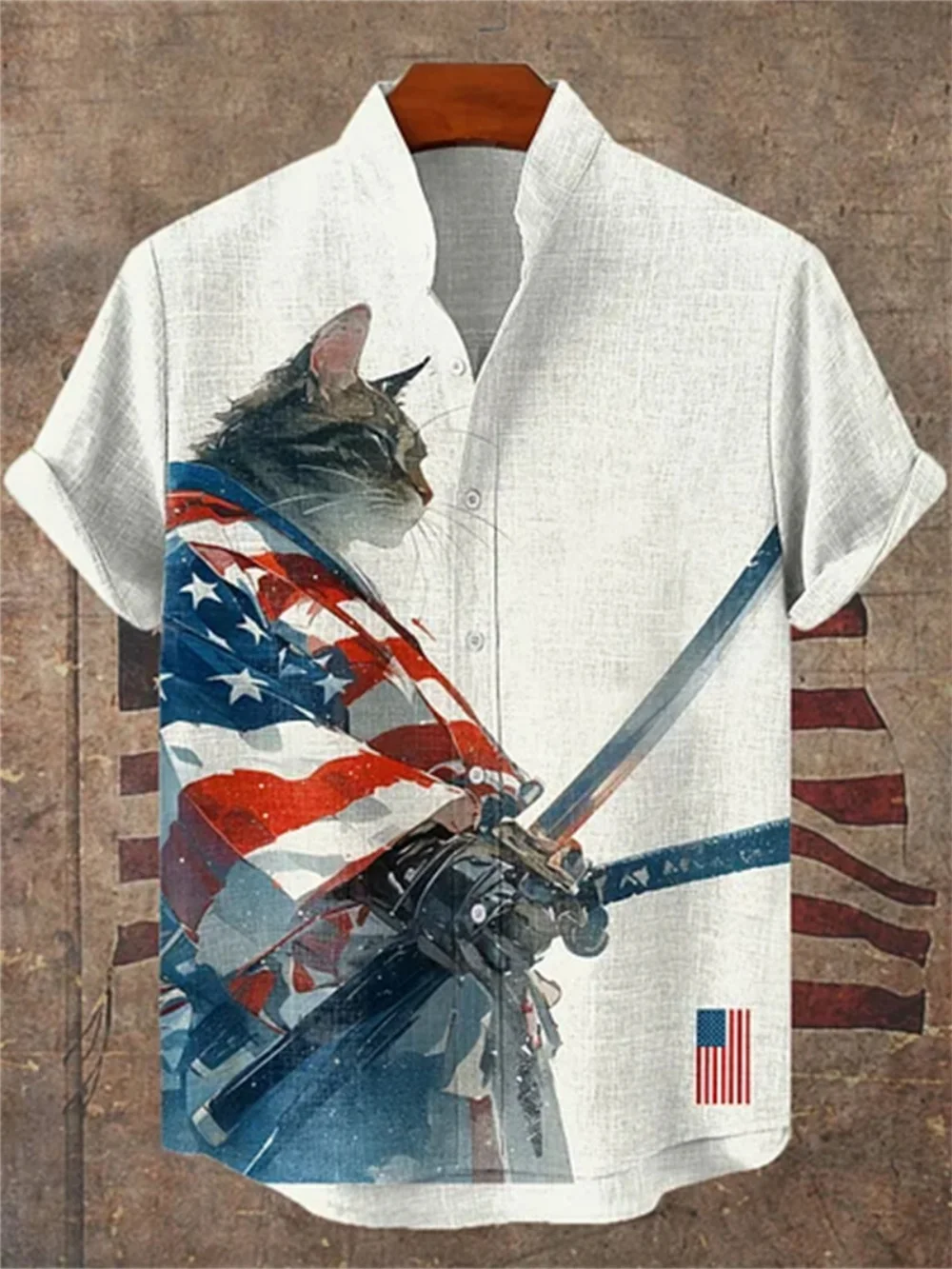 

Men's Retro Art Printed Short Sleeve Shirt Stand up Collar Cardigan Casual High-Quality Linen Top for Outdoor