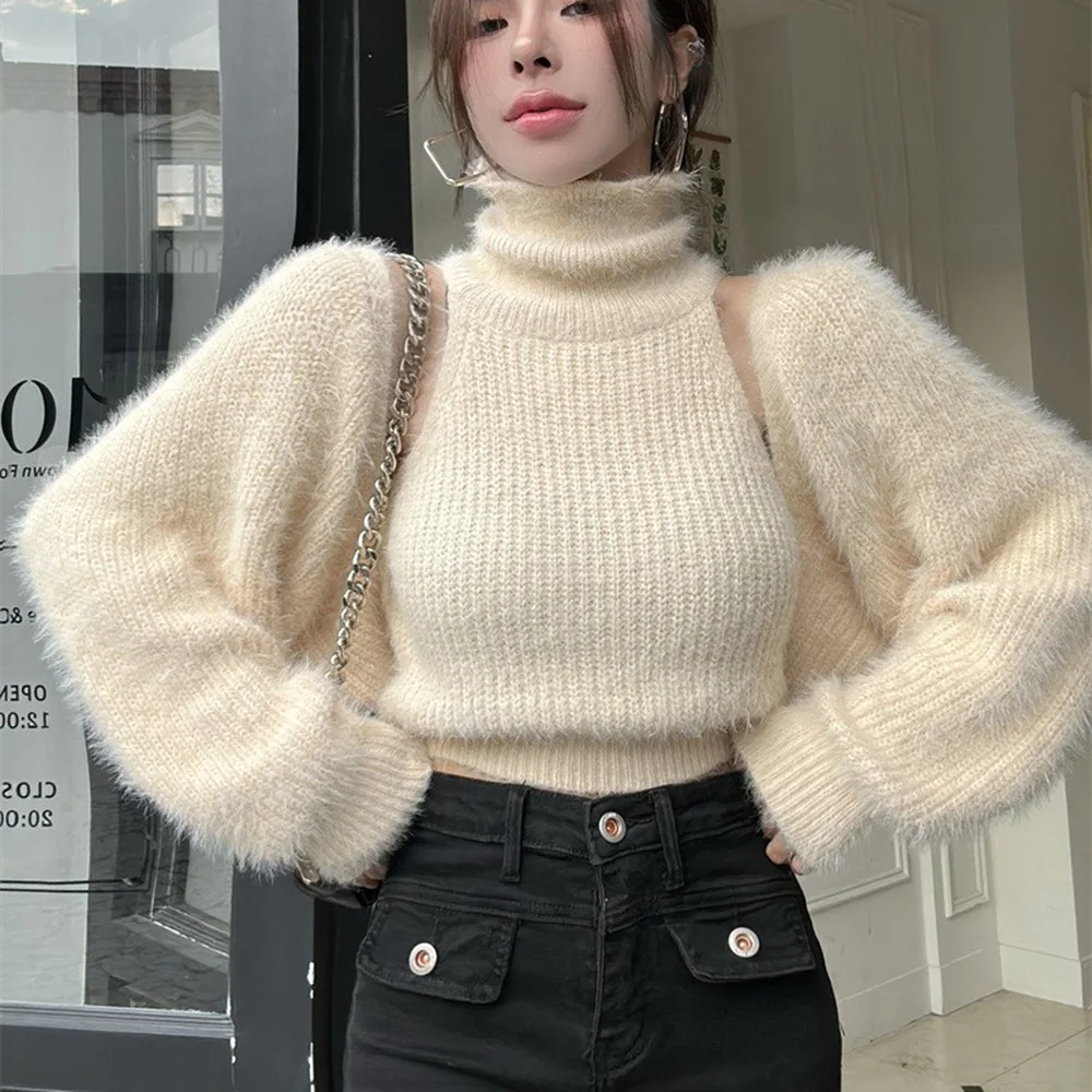 

Японский маленький вязаный комплект из двух предметов из меха норки, осенний новый сладкий и пряный сексуальный водолазка, короткий свитер, кардиган, костюмы для женщин