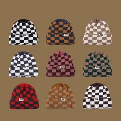 New Winter Checkerboard Stripes Knitting Hat For Women Thick Beanie Ladies Casual Warm Ski Snow Skullies Beanies Ear Protection