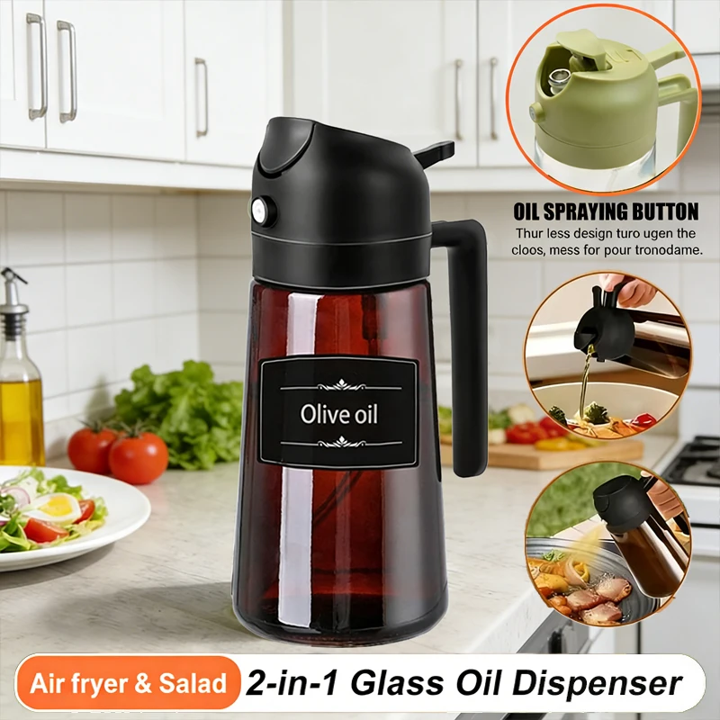 Dispensador de Aceite de Oliva de Vidrio Marrón 2 en 1, 470 ml (16 oz), a Prueba de Fugas, Ecológico, para Cocinar, Hornear, Asar a la Parrilla