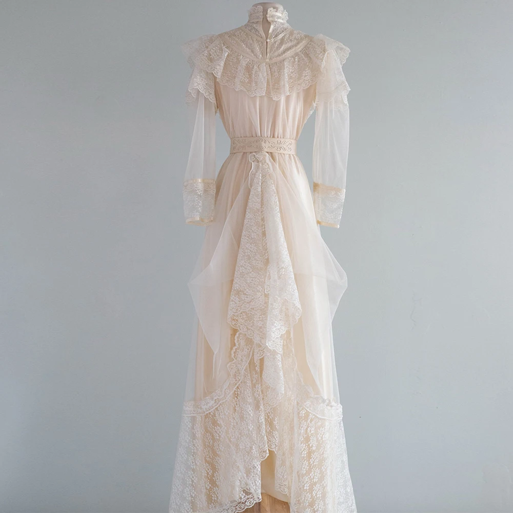 Customized Exquisite Ivory Jersey Evening Dress Temperament High Neckline Long Sleeves Buttons Back Bespoke Occasion