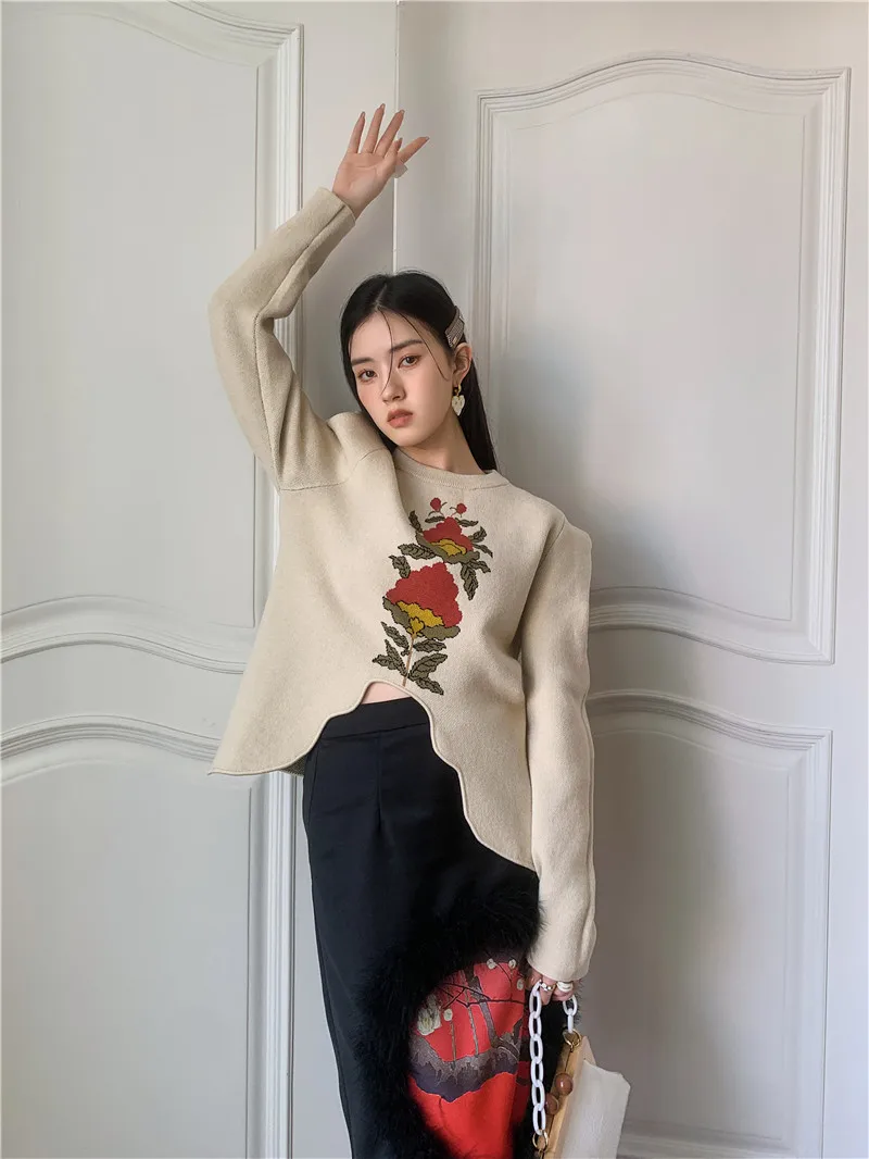 CHEERART Puff Sleeve Floral Knitted Sweaters For Women Fashion Asymmetrical Designer Sweaters And Pullovers Spring 2022 Clothing