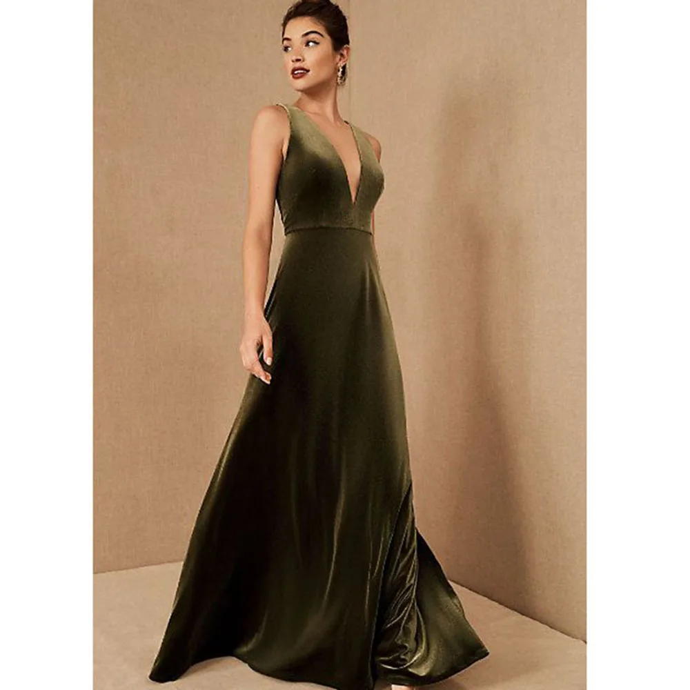 Formal Green Evening Party Dresses Spaghetti Strap V-Neck Floor Length A-Line Simple Luxury Women Prom Banquet Winter Gowns