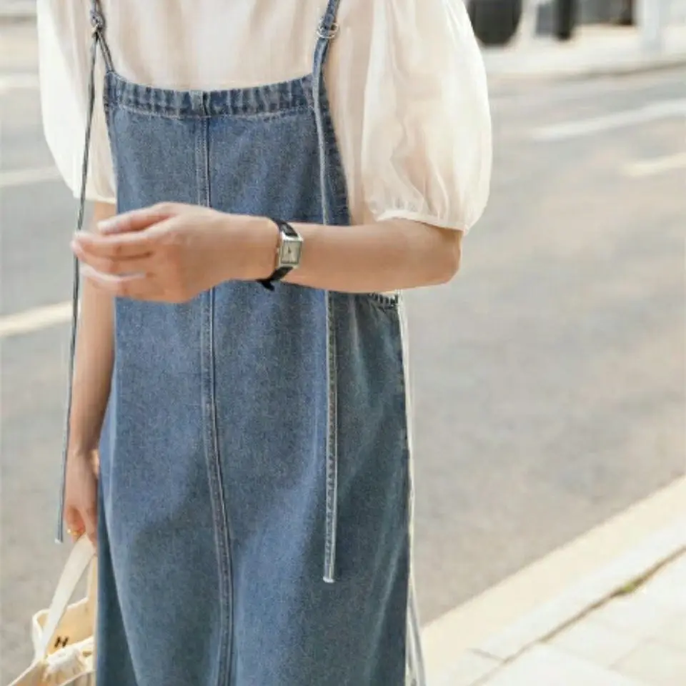 New 2023 Summer Clothing Suspender Dress Women Korean Loose Slimming Mid-Length Split Retro Denim Suspender Dress