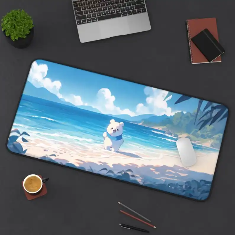 

Kawaii Anime Ocean Table Mat, Blue Sea Desk Mat, Anime Bear Vacation Ocean Mouse Pad, Beach Office Mat, Cute Desk Decoration