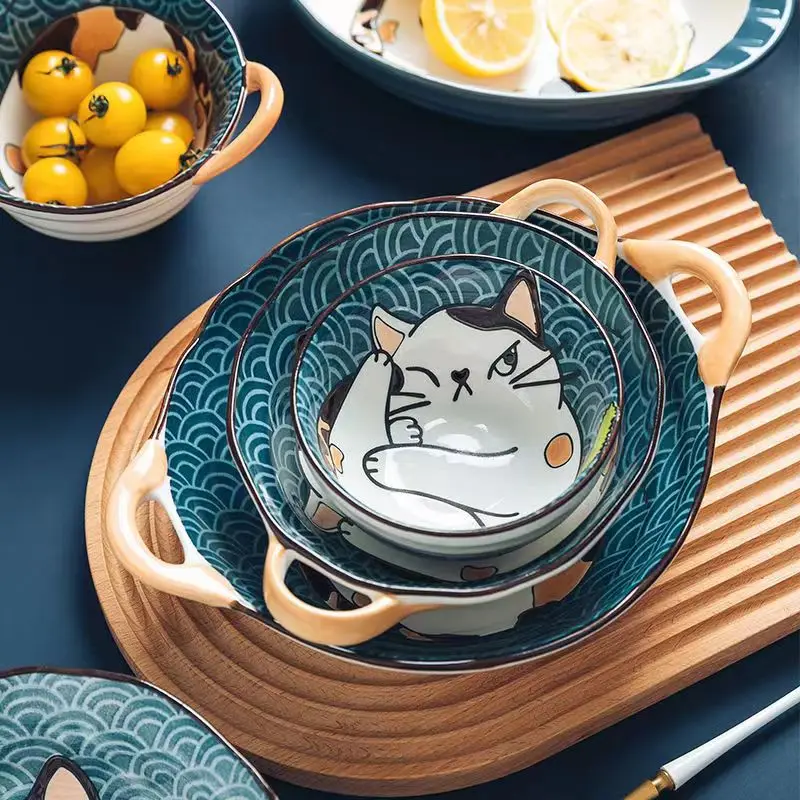 Japanese Style Ceramic Dessert Sauce Dish Tableware Creative Cute Cartoon Lucky Cat Pattern Water Drop Shape Fruit Sushi Plates