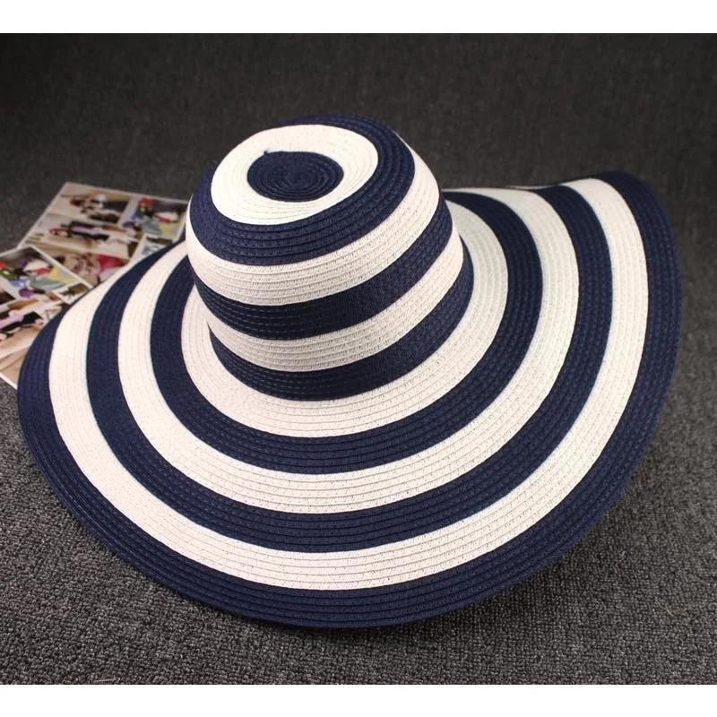 Straw Hat Female Summer Beach Large Edge Korean Version Straw Hat Foldable Black and White Striped Sun Hat Sun Visor Panama Cap