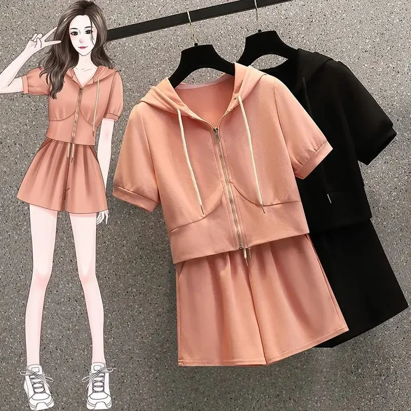 

2024 Summer Women 2 Pieces Sets Female Short Sleeve Hooded Tops + Wide Leg Shorts Fashion Ladies Casual Tracksuit Suits Z117