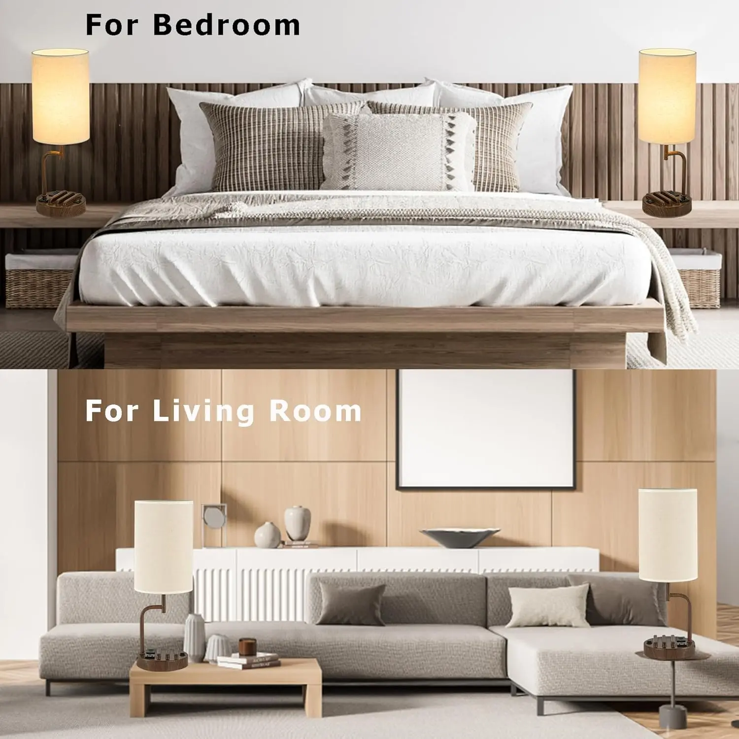 Moderne Schreibtischlampe mit 3 USB-Anschlüssen, Steckdosen und Telefonständer – perfekt für Schlafzimmer, Wohnzimmer, Büro (2er-Pack, Walnuss)