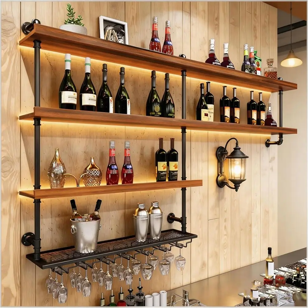 Large 4-Tier Wall-Mounted Wine Rack with LED Light and Glass Holders, Ideal for Home or Industrial Bar Settings