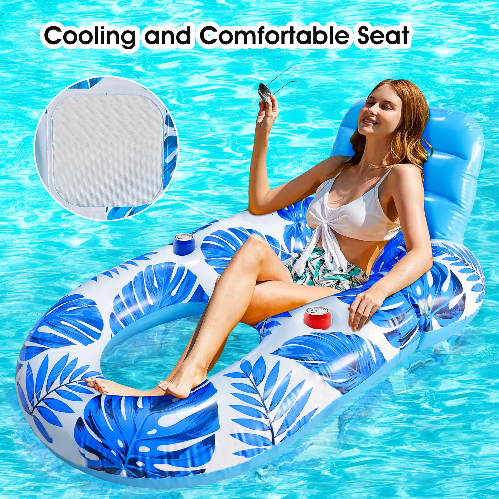 Sofá inflable para fiesta, silla flotante de ocio para piscina, respaldo grande, a la moda, color azul corrugado, para verano