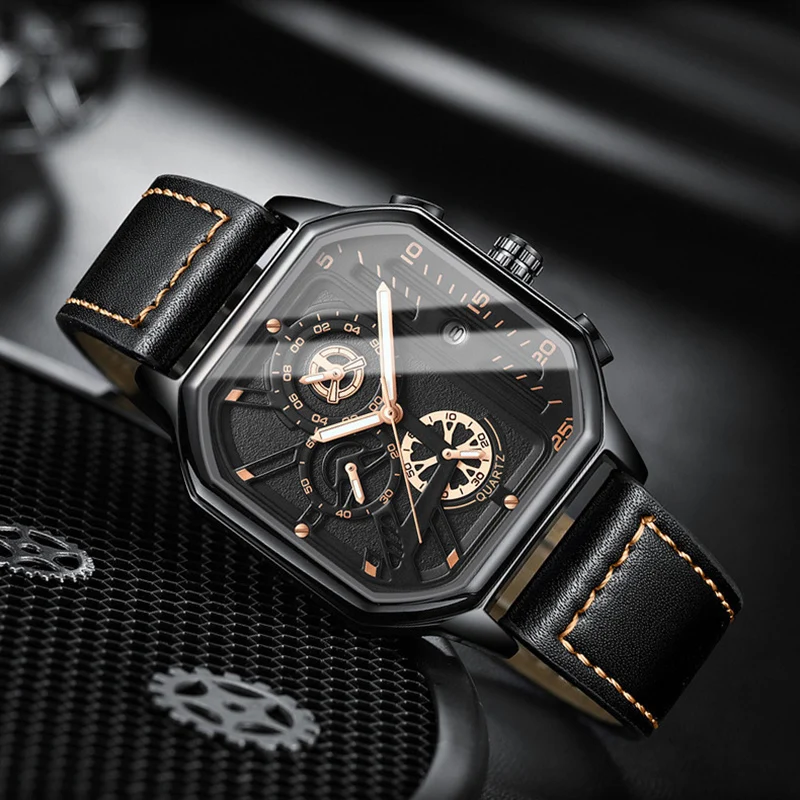 Reloj de pulsera con cronógrafo para hombre, cronógrafo informal, deportivo, de lujo, con correa de cuero, de negocios, resistente al agua, con fecha