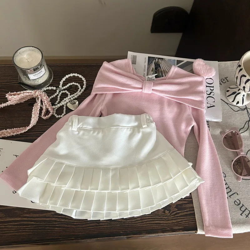 

Girls Set 2025 Autumn Spring Korean Style Fashion Sweet Cute Pink Bow Collar Top White Short Pleated Skirt Two Piece Set