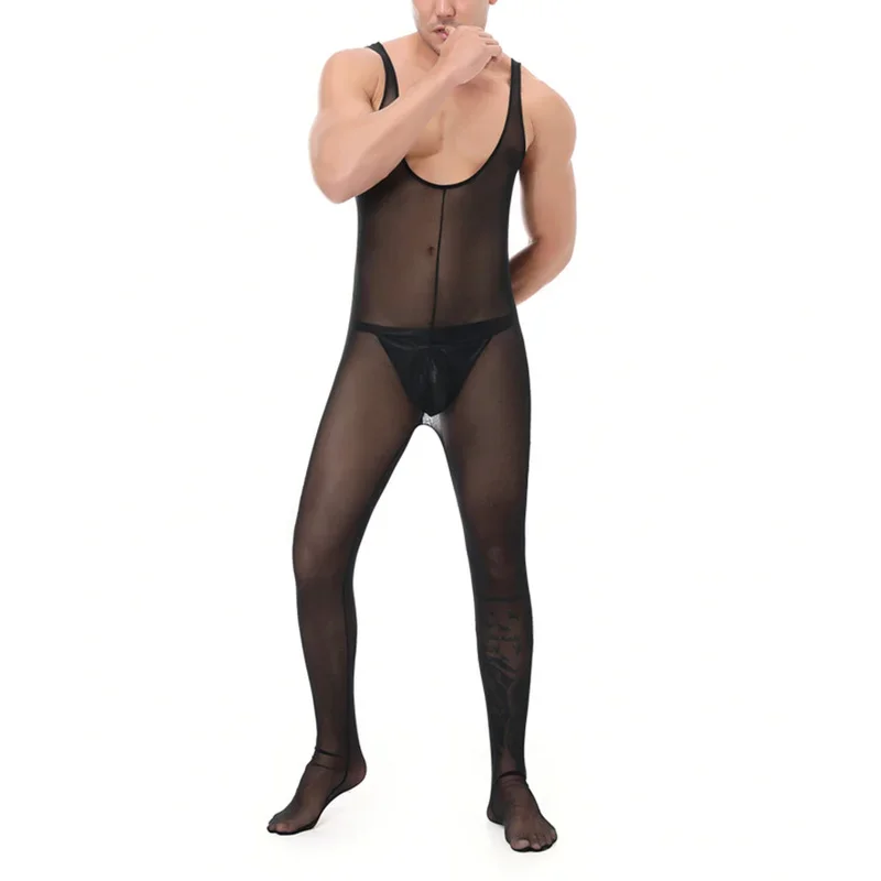 Canottiere da uomo sexy Maglia trasparente Pagliaccetti interi Body Gay Fetish Lingerie Tuta intera Body senza maniche Indumenti da notte