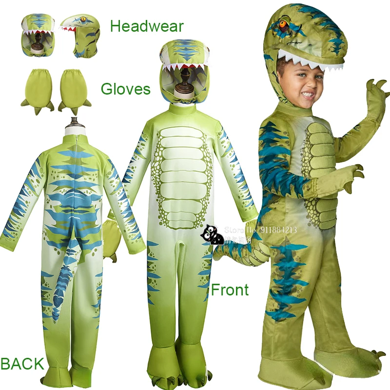 Kids Boys Girls T-Rex Dinosaurs Animal Halloween Cosplay Costume Children Party Role Playing Dress Up Outfit Hat Jumspuit Gloves