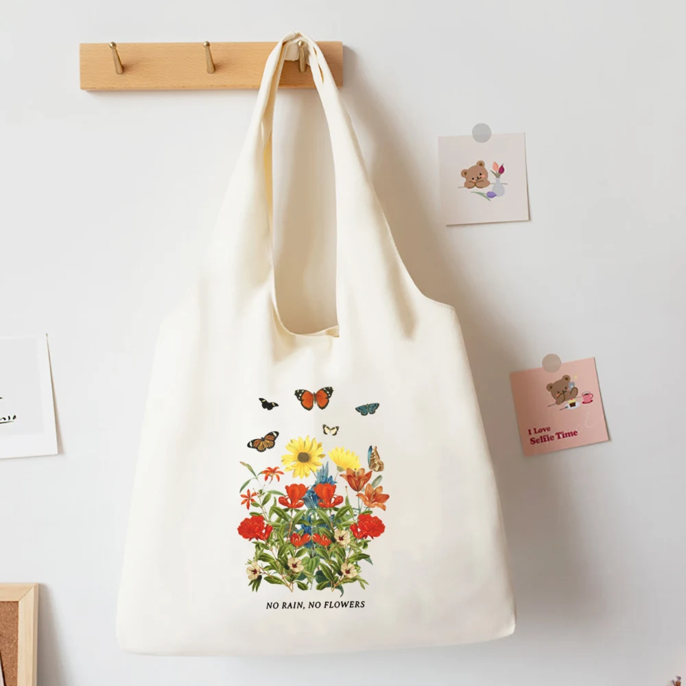 No Rain No Flower Print Canvas Tote Bag Fashion Cotton Shoulder Bag Casual All-match Vest Handbag Korean Style Bag Work & School