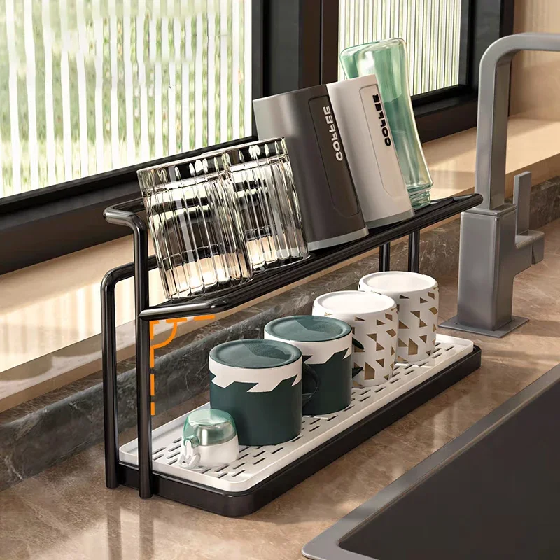 2 Layer Bottle Drying Rack Cups Storage Rack with Drain Tray, Mug Organizer for Kitchen, Coffee Mug Holder for Kitchen Counter