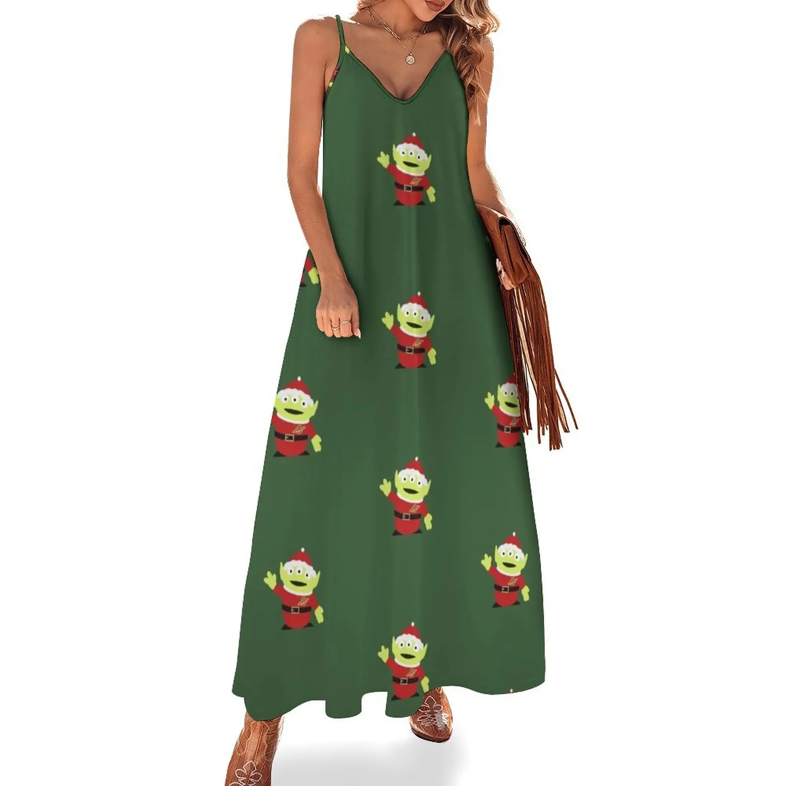 Cute Merry Christmas Alien with Green Background Sleeveless Dress Bride dresses dresses for official occasions