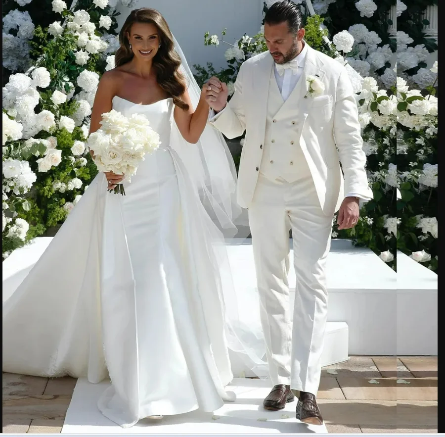 

Customized Strapless Satin Mermaid Wedding Dress with Removable Skirt Robe De Mariée Church Modest Bridal Gown
