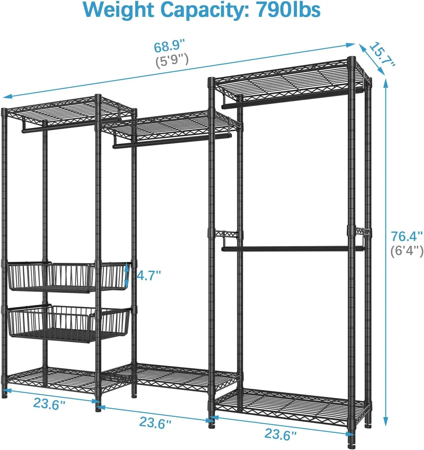 V10 ลวด Garment Rack Heavy Duty ราวแขวนเสื้อผ้า,ตู้เสื้อผ้าอิสระตู้เสื้อผ้าโลหะราวแขวนเสื้อผ้า 2 ตะกร้าเลื่อน,68.9 "L x 1