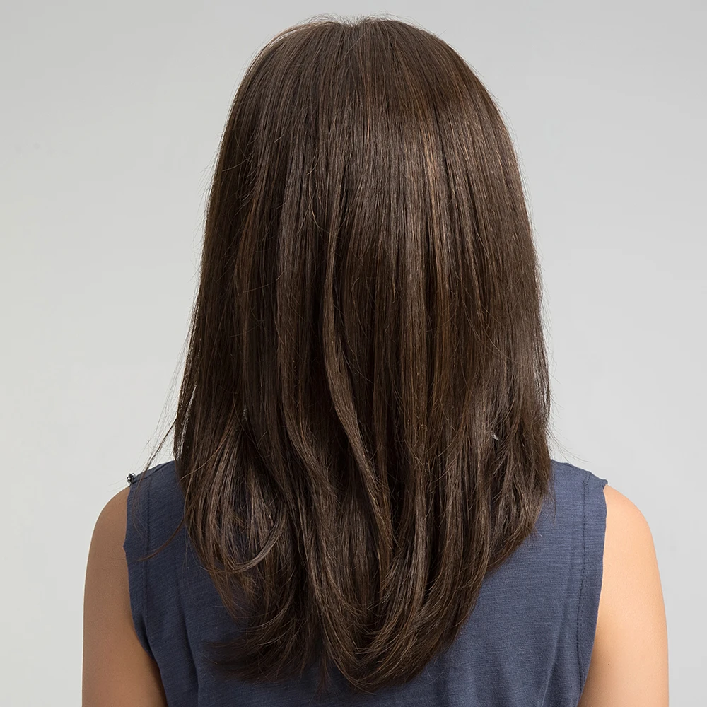 Synthetic Dark Brown Wig Straight Layered Wigs for Women Shoulder Length Hair Wig With Bangs Heat Resistant Party Daily Use image 5