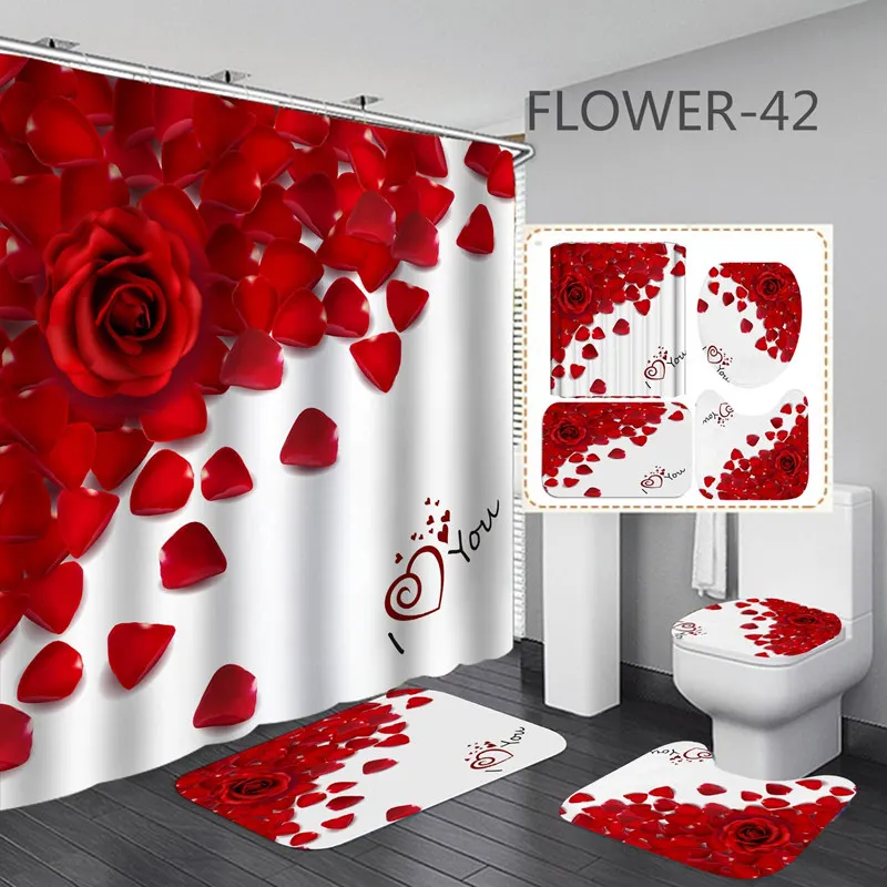 3D Print Flowers Bath Curtain Waterproof Fabric Romantic Red Rose Shower Curtain Love Heart for Valentine\'s Day Bathroom Decor