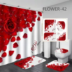 3D Print Flowers Bath Curtain Waterproof Fabric Romantic Red Rose Shower Curtain Love Heart for Valentine's Day Bathroom Decor