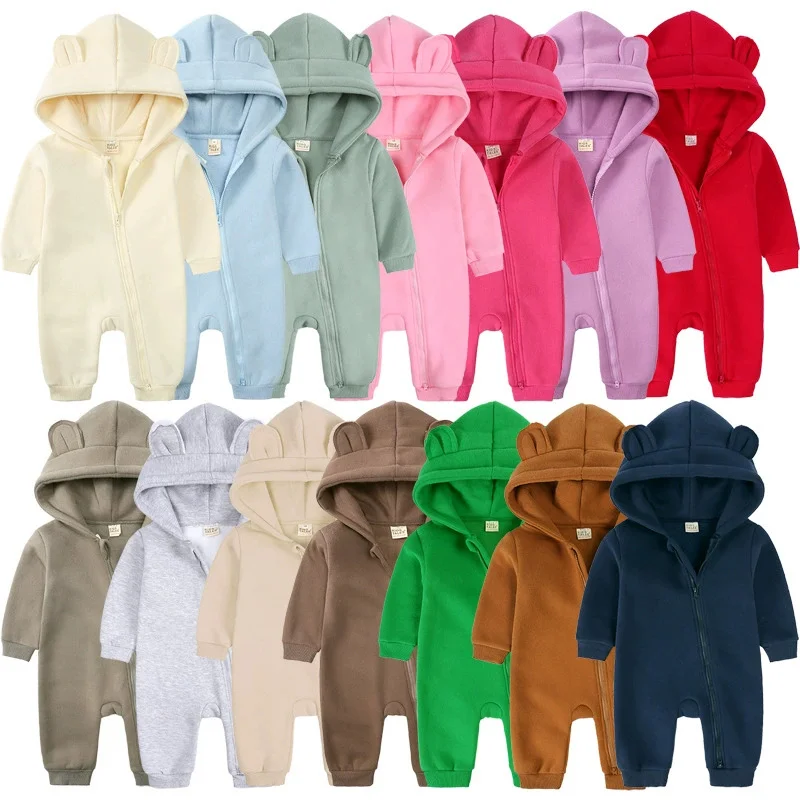

2025 Newborn Baby Winter Fleece Hooded Romper Solid Cotton Thick Warm Casual Bear Jumpsuit 0-24M Infant Korean Outfits Clothes