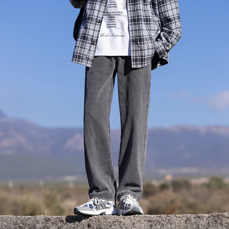 Spring Autumn New Fashion Korean Loose Straight Jeans Men Baggy Pants Elastic Waist Wide Leg Casual Pants Men\'s Clothes 5 Colors