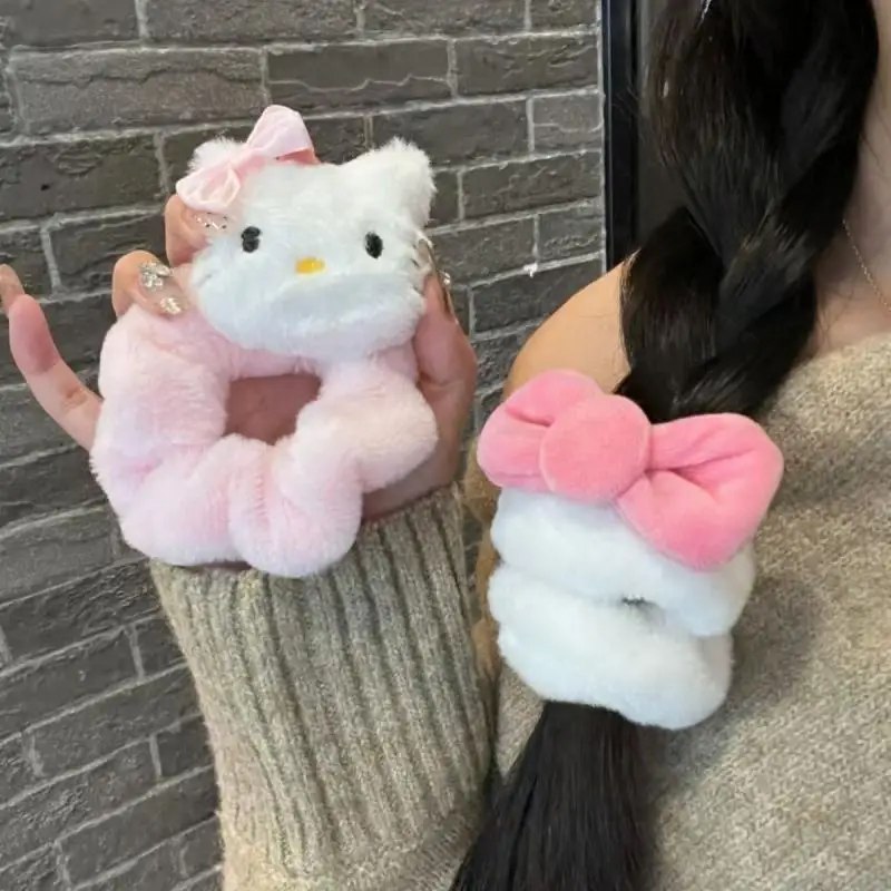 Cute Sanrio Hello Kitty Plush Hair Loop Cartoon Bow Kt Cat Large Intestine Hair Circle Autumn Winter New Hair Accessories Gifts