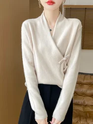 Women's Pure Wool Knitted Sweater, Buttoned, V-Neck, Loose, Simple, Top, Pullover, Casual, Fashionable, 2024 Autumn/Winter