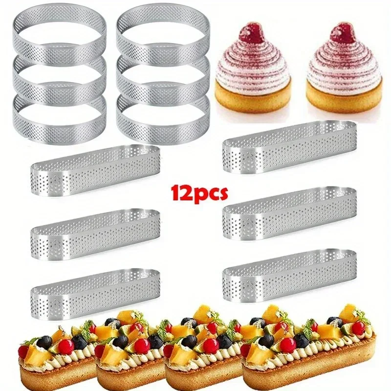 

12PCS Steel Porous Tart Ring Perforated Cake Mousse DIY Mousse Cake Cookies Pastry Quiche Oval Round Molds for Baking Tools Cake
