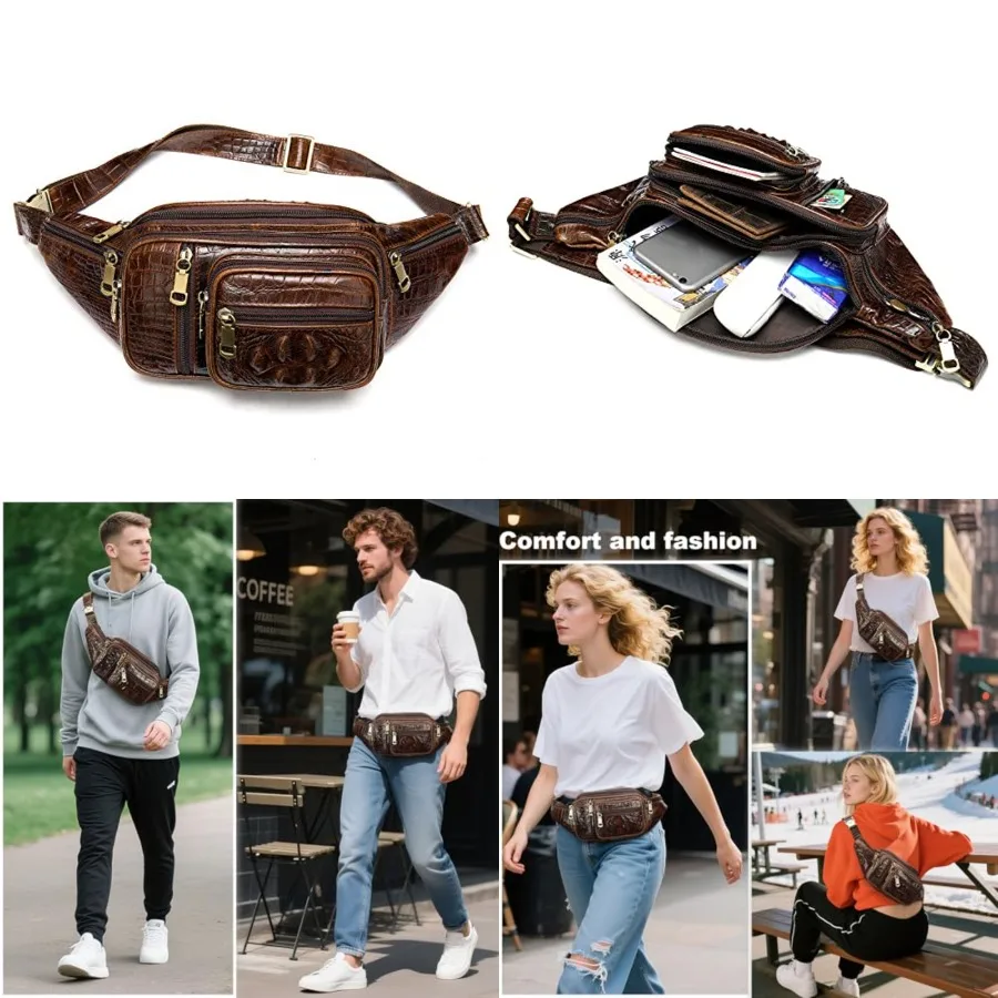 

Genuine Leather Fanny Pack large capacity Crossbody Waist Bag with Zipper phone Pockets dile