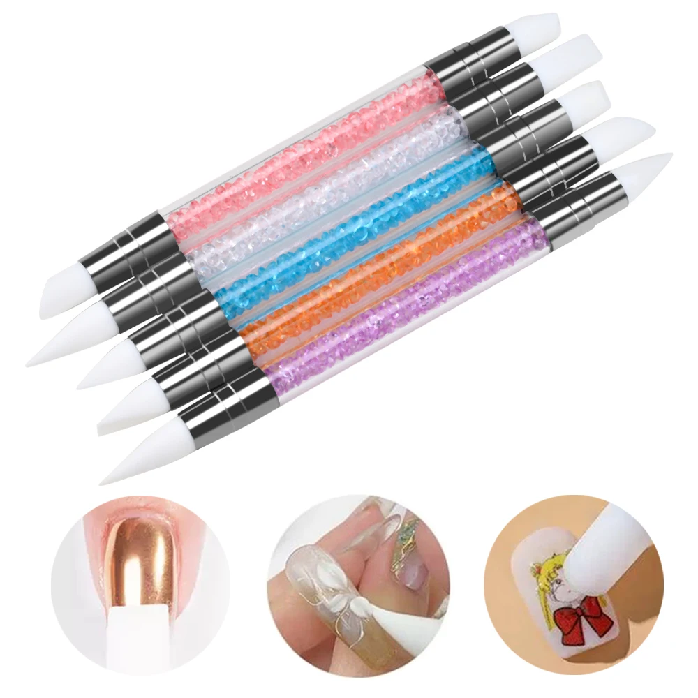 5Pcs/Set Sculpture Dotting Pen Nail Art Silicone Brush Colorful Crystal Dual-head Carving Flower Painting Pen DIY Manicure Tools