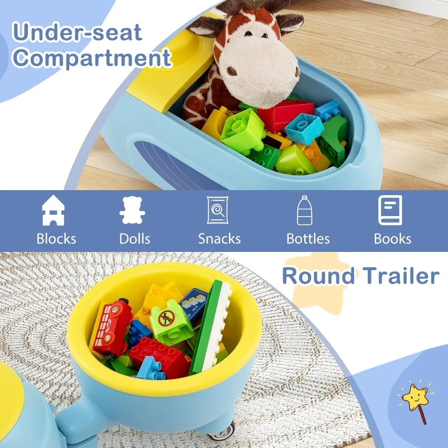 トレーラー付き乗用玩具、屋内外兼用、幼児用乗車玩具、シート下収納、LEDライト、音楽、足で押すスライドカー