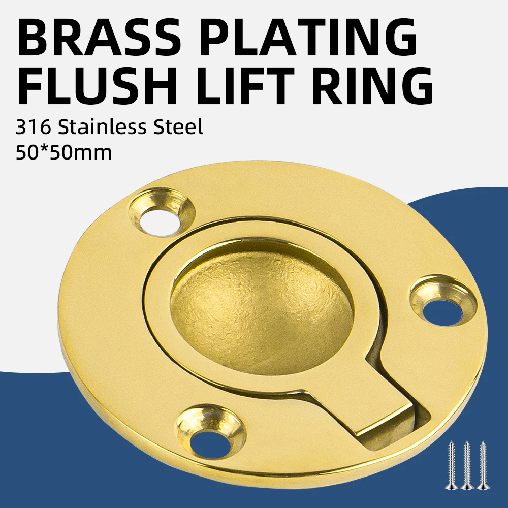 1pcs Boat Round Flush Hatch Pull Handle with Mounting Screws Brass Plating Flush Lift Ring Marine Hardware