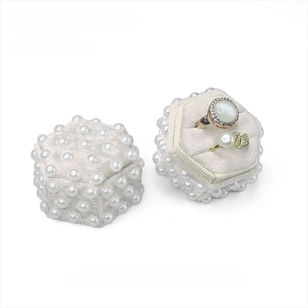

Pearl Velvet Ring Box Hexagon 2/3 Slots Ring Gift Box with Detachable Lid Wedding Decor Rings Display Holder