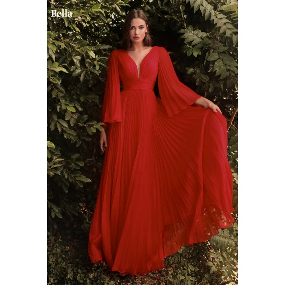 Bella Chiffon-vestido de noche con cuello en V, elegante vestido de novia plisado hasta el suelo, manga larga, 2024