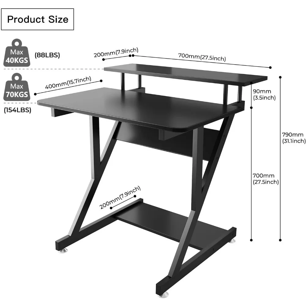 Computer Desk for Small Spaces,  Small Computer Desk, 3 Tier Compact Desk with Monitor Shelf and Bottom Storage Shelves