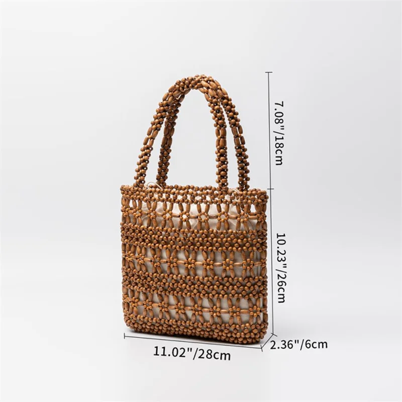 Bohemian Cream White Wood Beaded Tote Bag Boho Hollow Woven Summer Top Handle Bag Trendy Handmade Hollow Wove Holiday Purses