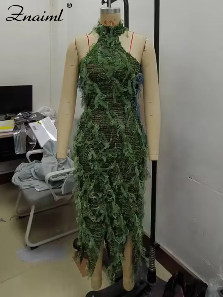 Znaiml-vestido longo verde sem costas com borlas para mulheres, vestido sexy sem mangas irregular, corpo, festa de aniversário e vestido de praia