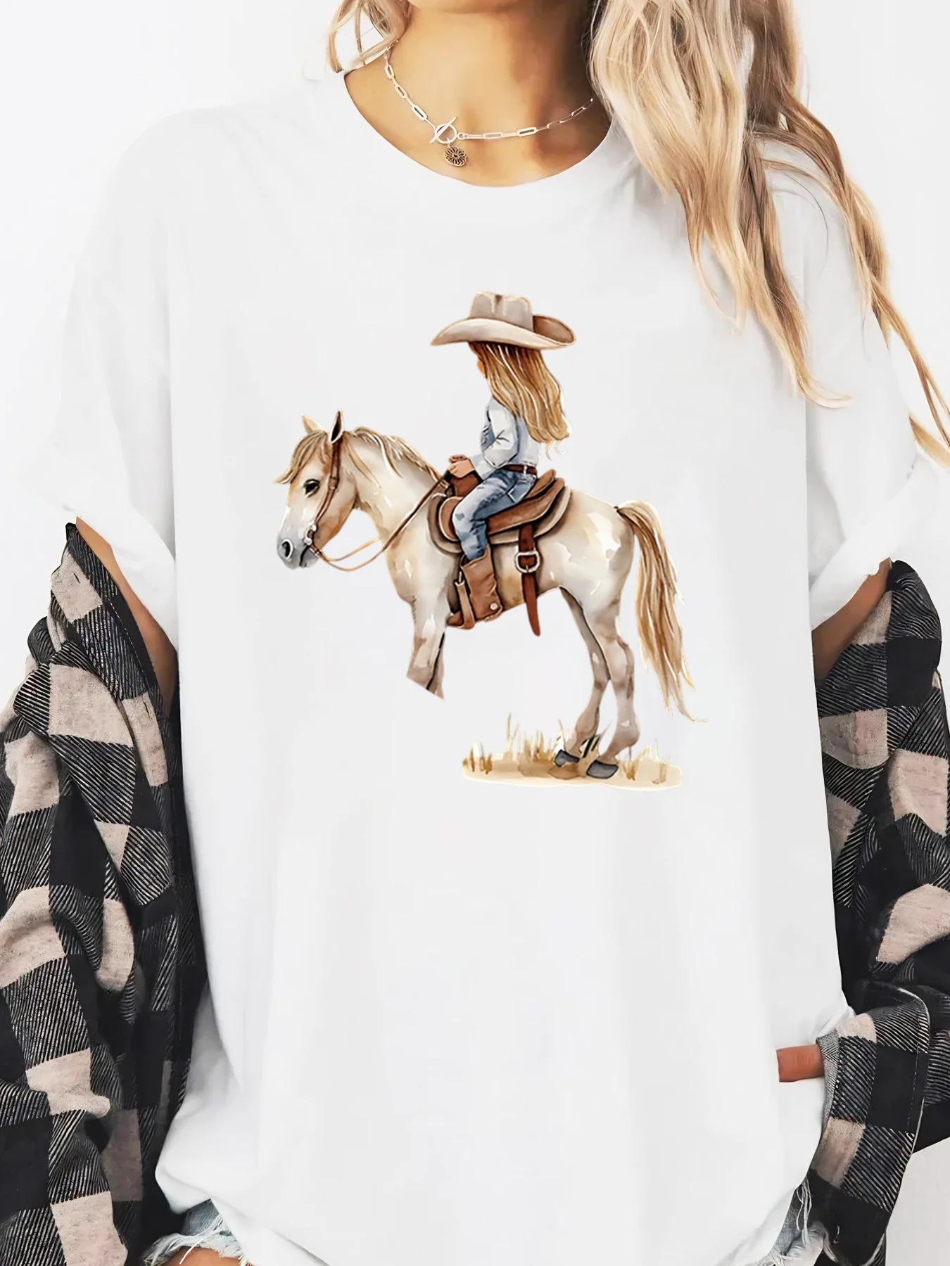 

Футболка с принтом «Пастушка» для верховой езды на лошади, женская повседневная одежда в западном стиле для активного отдыха, белая, больших размеров