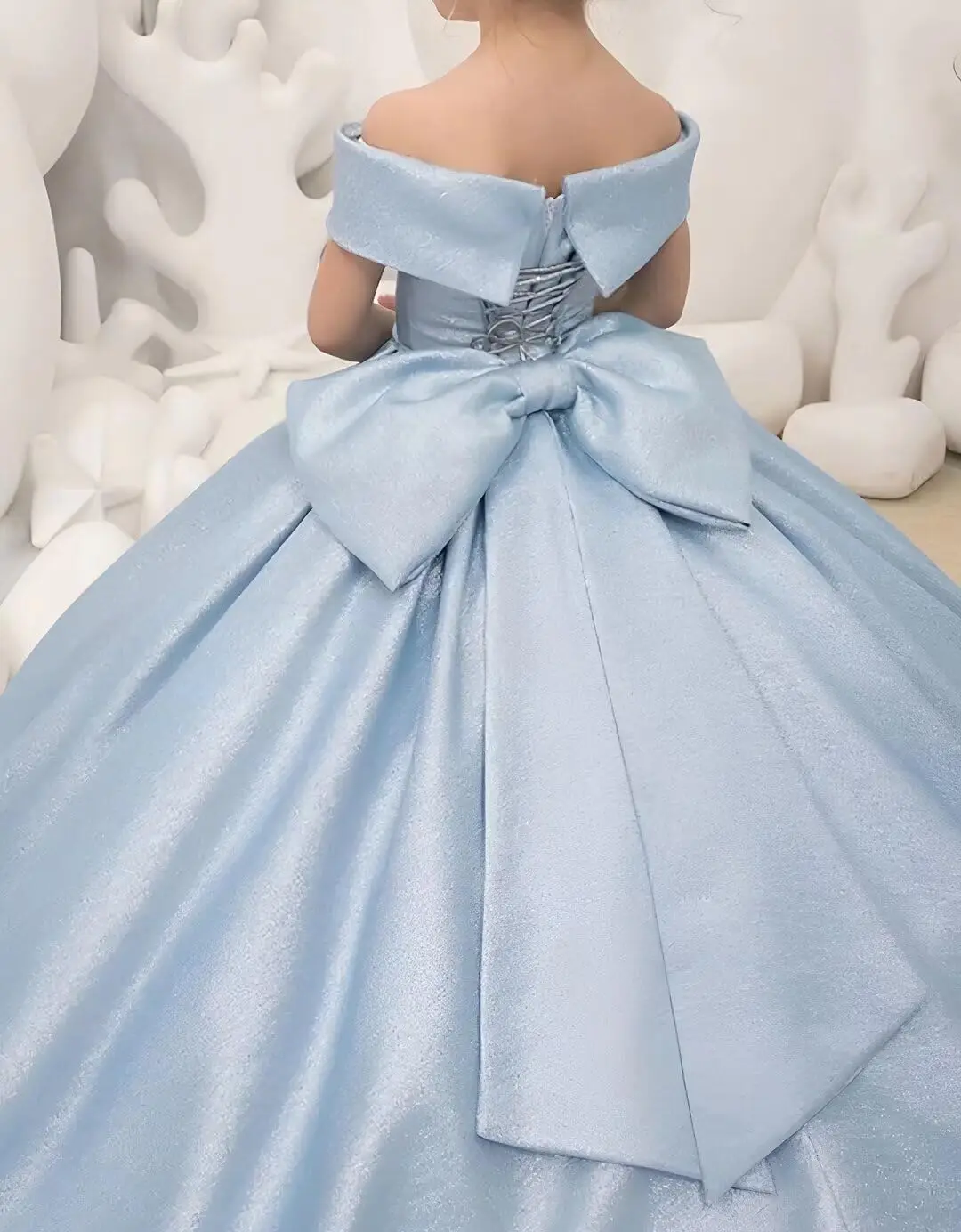 فساتين فتاة الزهور الساتان فستان طويل للمهرجانات على شكل حرف A بدون أكتاف لحفلات أعياد ميلاد الأميرة مع عقدة على شكل فيونكة للفتيات