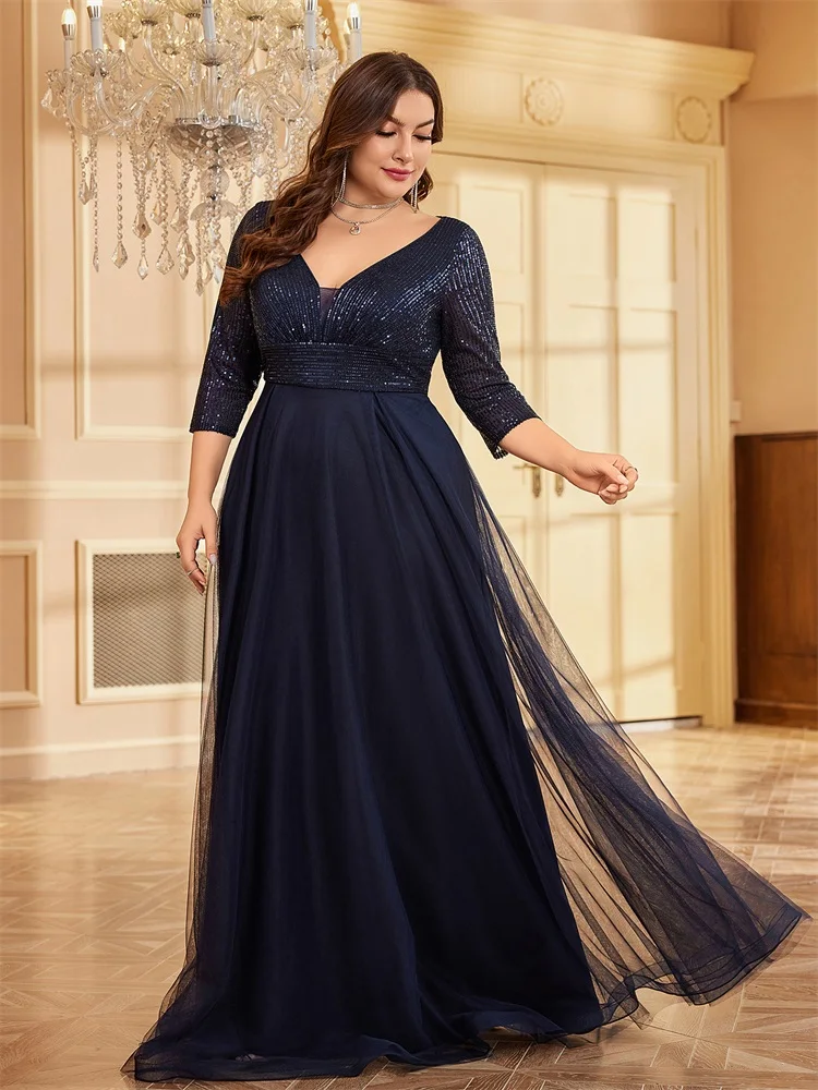 XUIBOL Plus Size Elegant VNeck Sequin Evening Dress Long 2024 Women Chiffon Long Sleeve Party Prom Mermaid Luxury Cocktail Dress