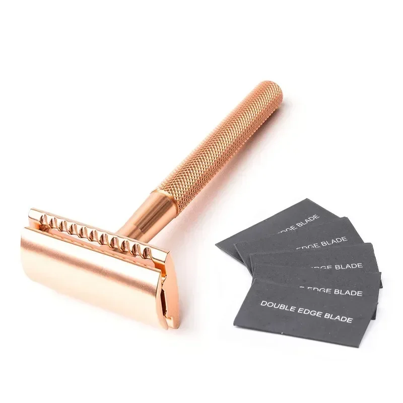 Maquinilla de afeitar clásica de doble filo para hombre y mujer, afeitadora de seguridad de oro rosa, 5 hojas de afeitar, afeitadora Manual para la cara